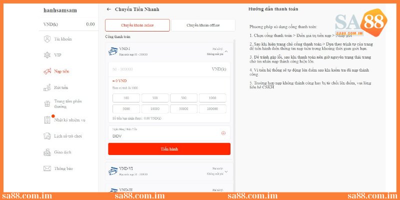 Hướng dẫn nạp tiền SA88 với các phương thức mới nhất 2025 4 Hình thức chuyển tiền nhanh được người dùng rất ưa chuộng