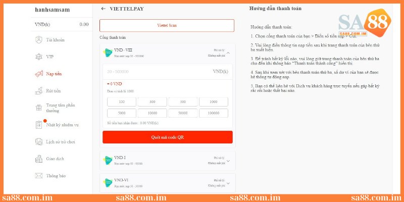 Hướng dẫn nạp tiền SA88 với các phương thức mới nhất 2025 3 Nạp vốn cược qua ví điện tử ViettelPay siêu tiện lợi và đơn giản
